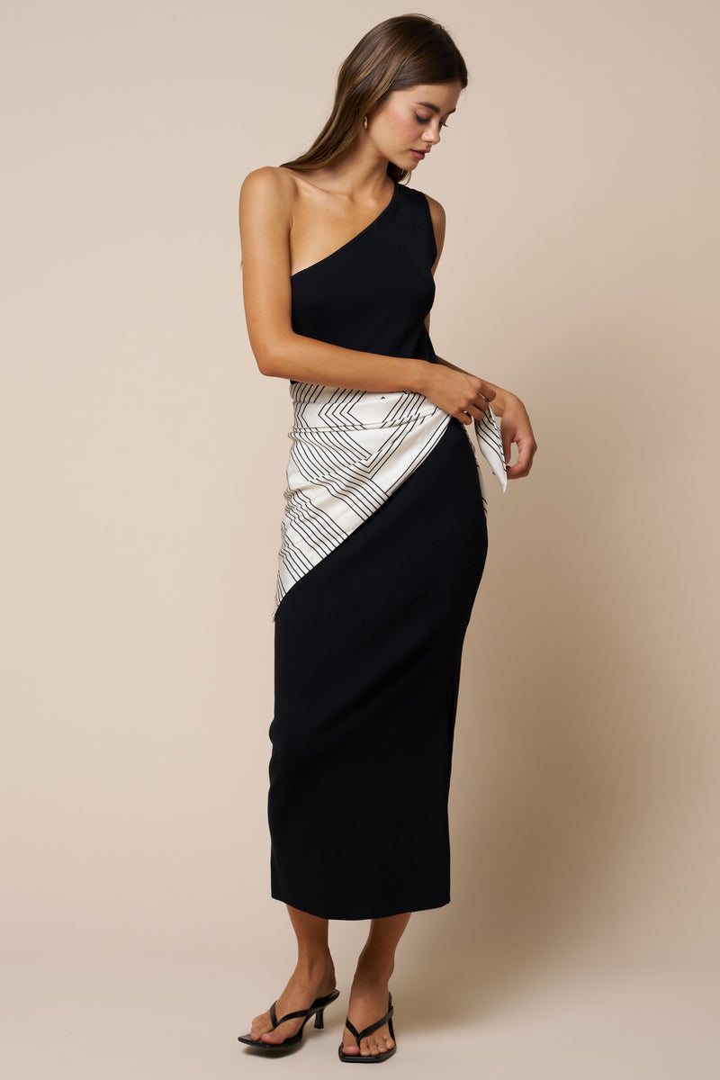 Sleeveless One Shoulder Contrast Stripe Print Waist Tie Scarf Maxi Dress Black