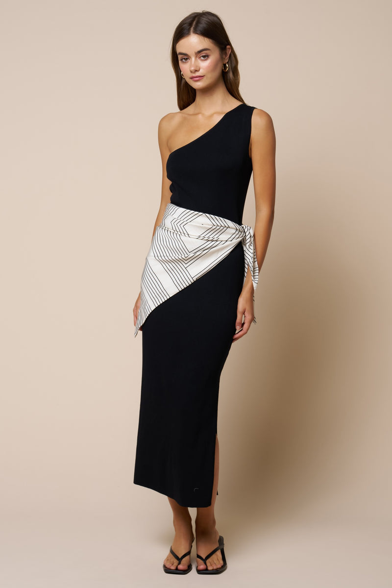 Sleeveless One Shoulder Contrast Stripe Print Waist Tie Scarf Maxi Dress Black