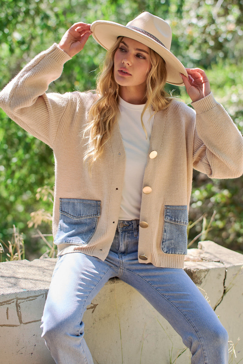 Long Sleeve Knit Denim Pocket Shacket Beige