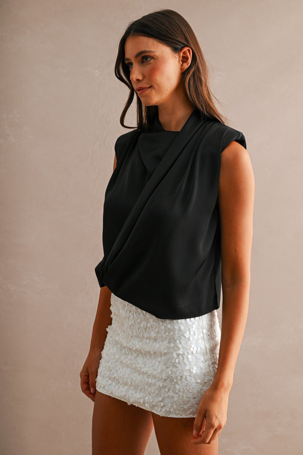Sleeveless Satin Draped Wrap Front Top Black