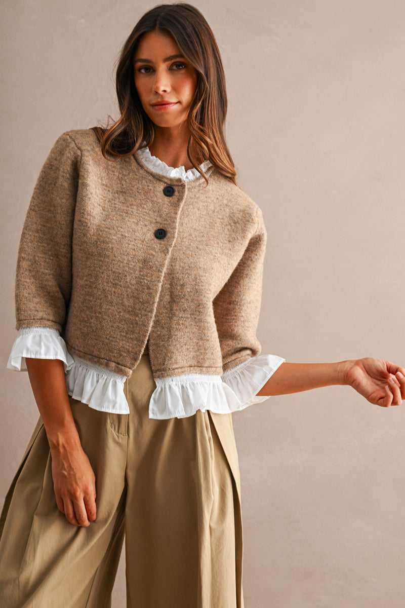 3/4 Sleeve Button Down Contrast Ruffle Knit Cardigan Mocha