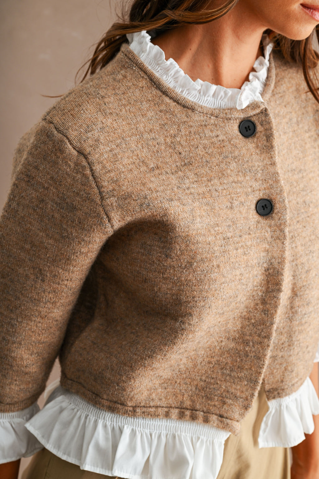 3/4 Sleeve Button Down Contrast Ruffle Knit Cardigan Mocha