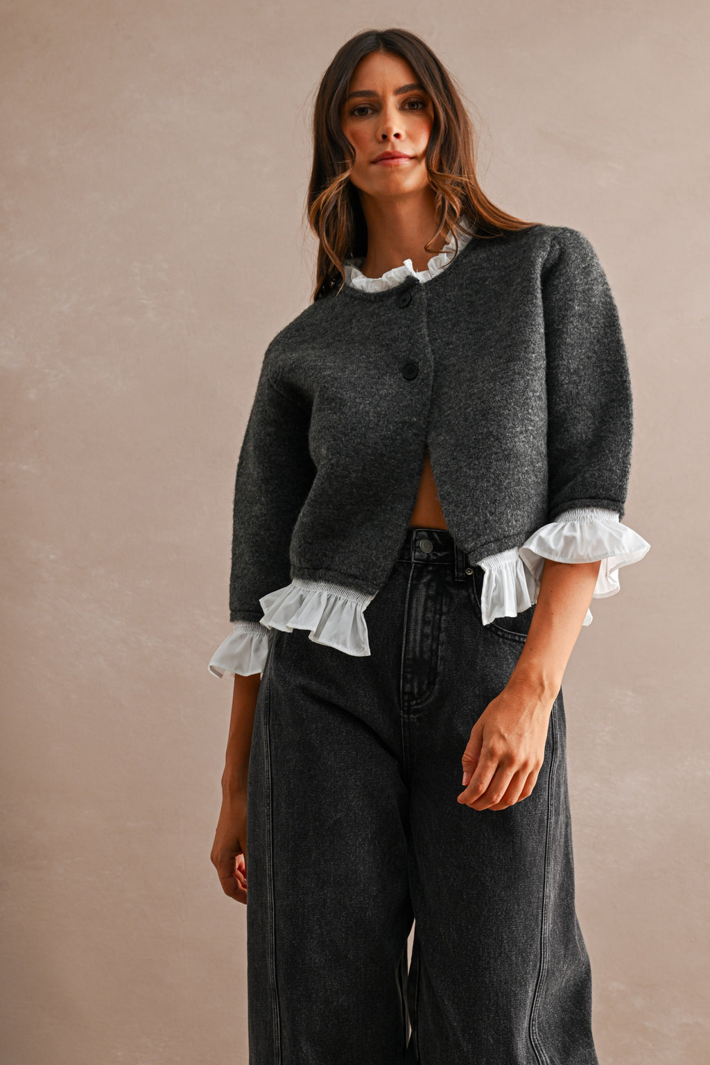 3/4 Sleeve Button Down Contrast Ruffle Knit Cardigan Charcoal