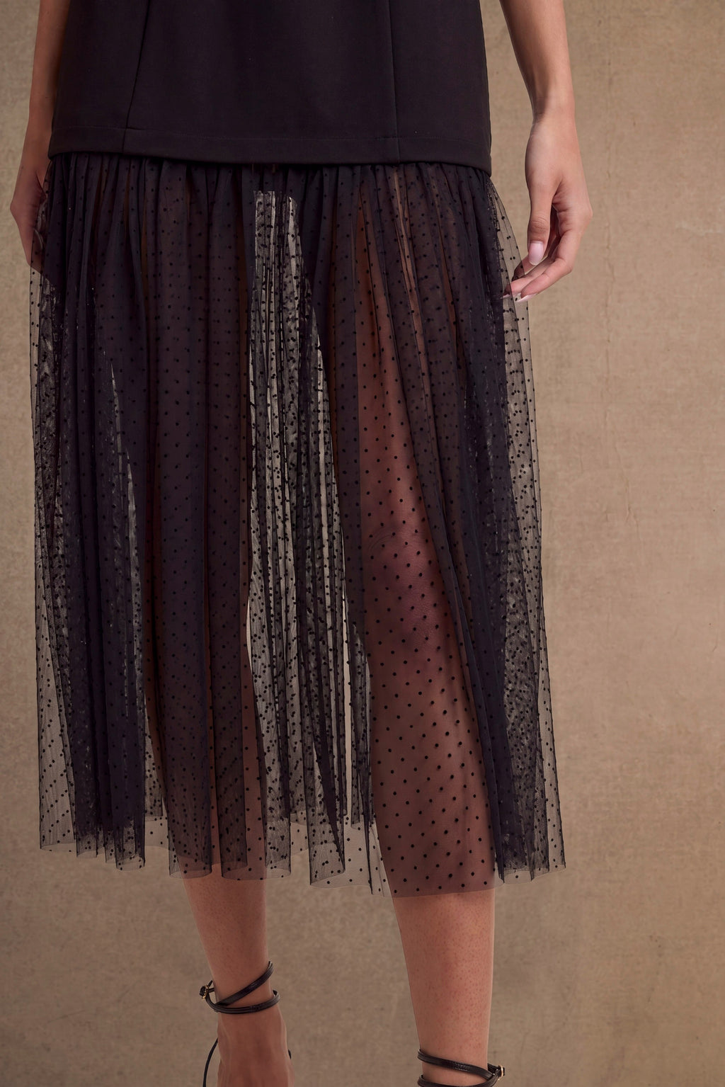 Sleeveless Dotted Mesh Mix Midi Dress Black