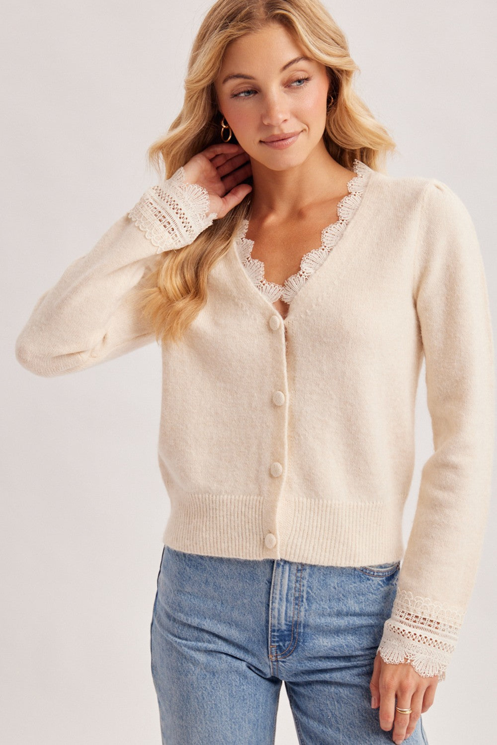 Long Sleeve Button Down Lace Trim Knit Cardigan Natural