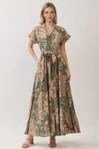 Short Sleeve Waist Tie Floral Print Maxi Dress Olive