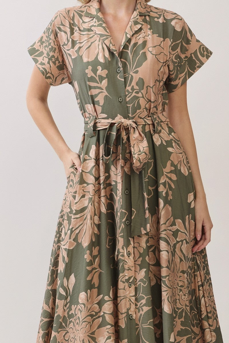 Short Sleeve Waist Tie Floral Print Maxi Dress Olive