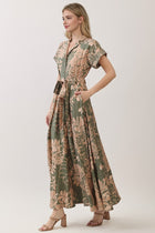 Short Sleeve Waist Tie Floral Print Maxi Dress Olive