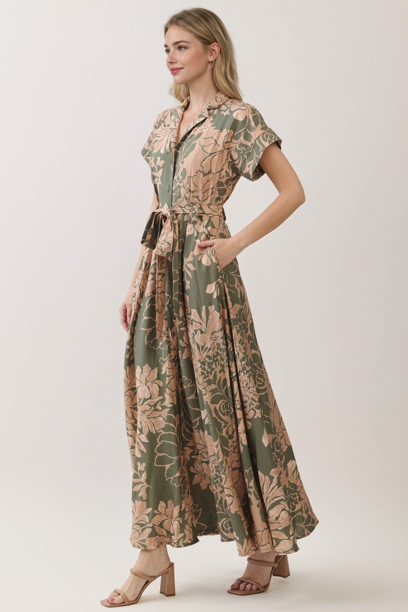 Short Sleeve Waist Tie Floral Print Maxi Dress Olive
