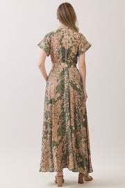 Short Sleeve Waist Tie Floral Print Maxi Dress Olive
