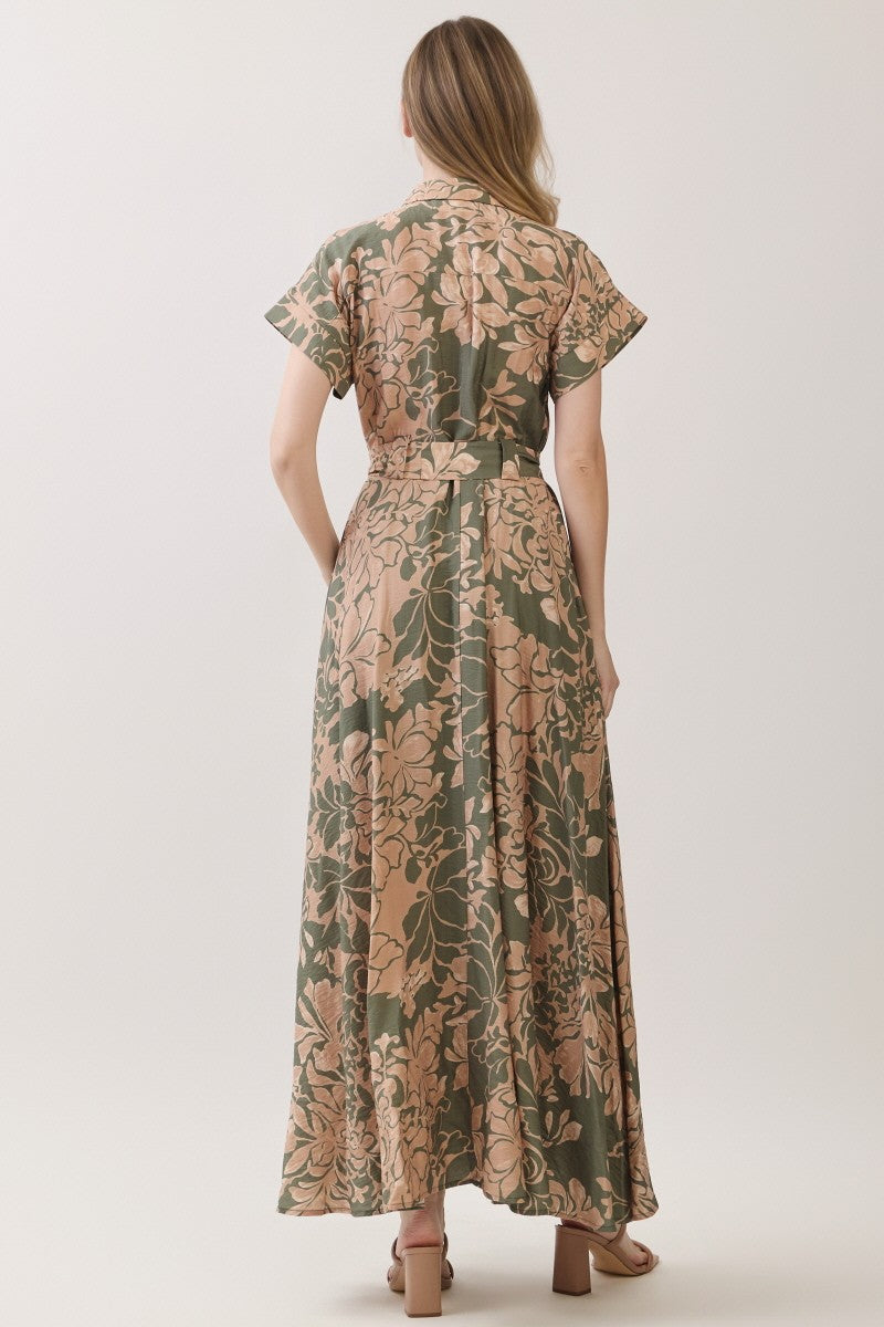 Short Sleeve Waist Tie Floral Print Maxi Dress Olive