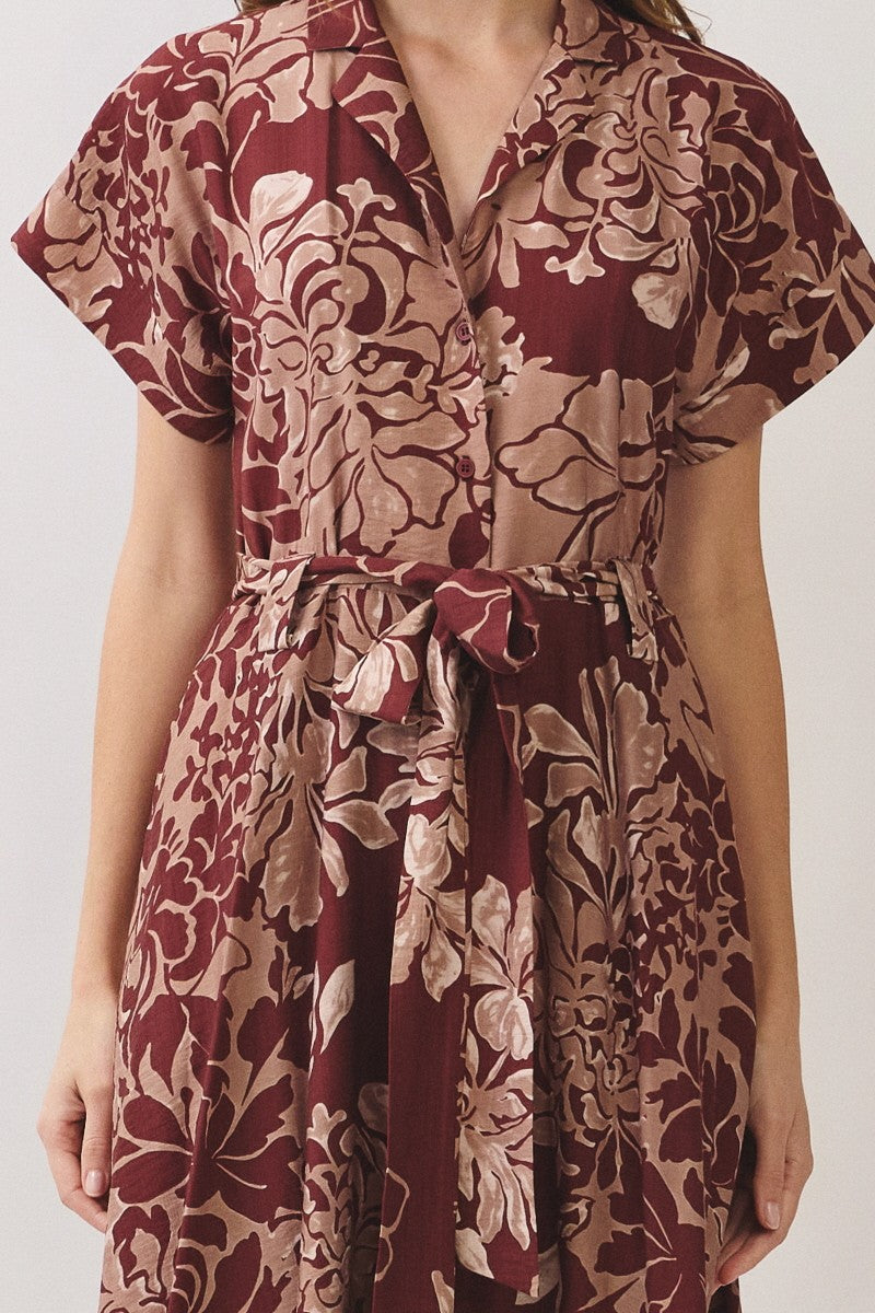Short Sleeve Waist Tie Floral Print Maxi Dress Burgundy