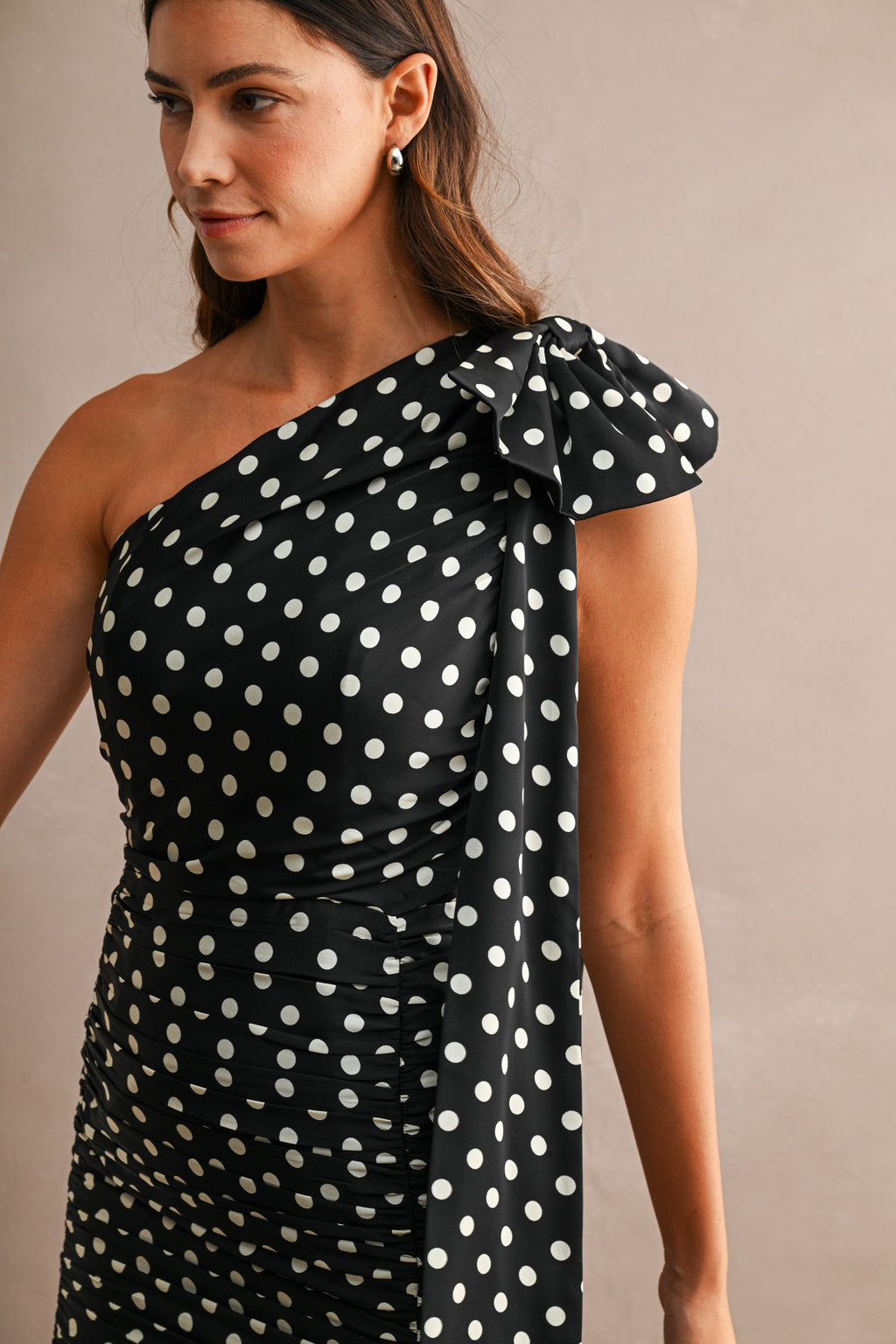  Sleeveless One Shoulder Bow Sash Polka Dot Print Mini Dress Black