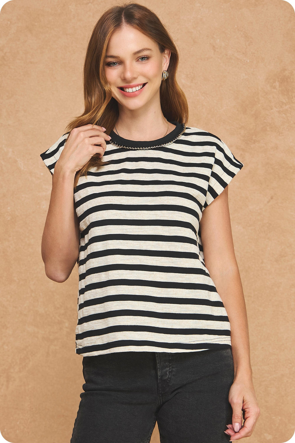 Short Cap Sleeve Contrast Chain Trim Stripe Print Top Black