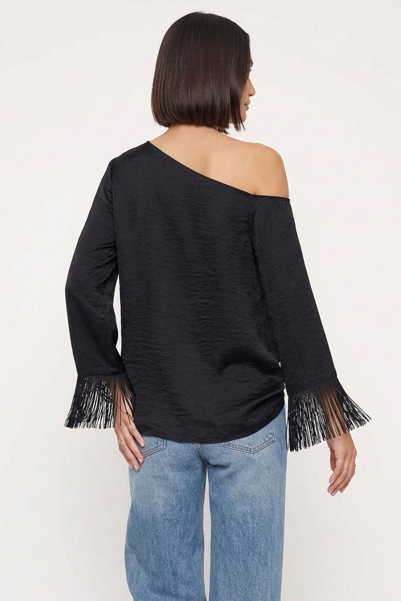 Long Fringe Sleeve Off The Shoulder Satin Top Black