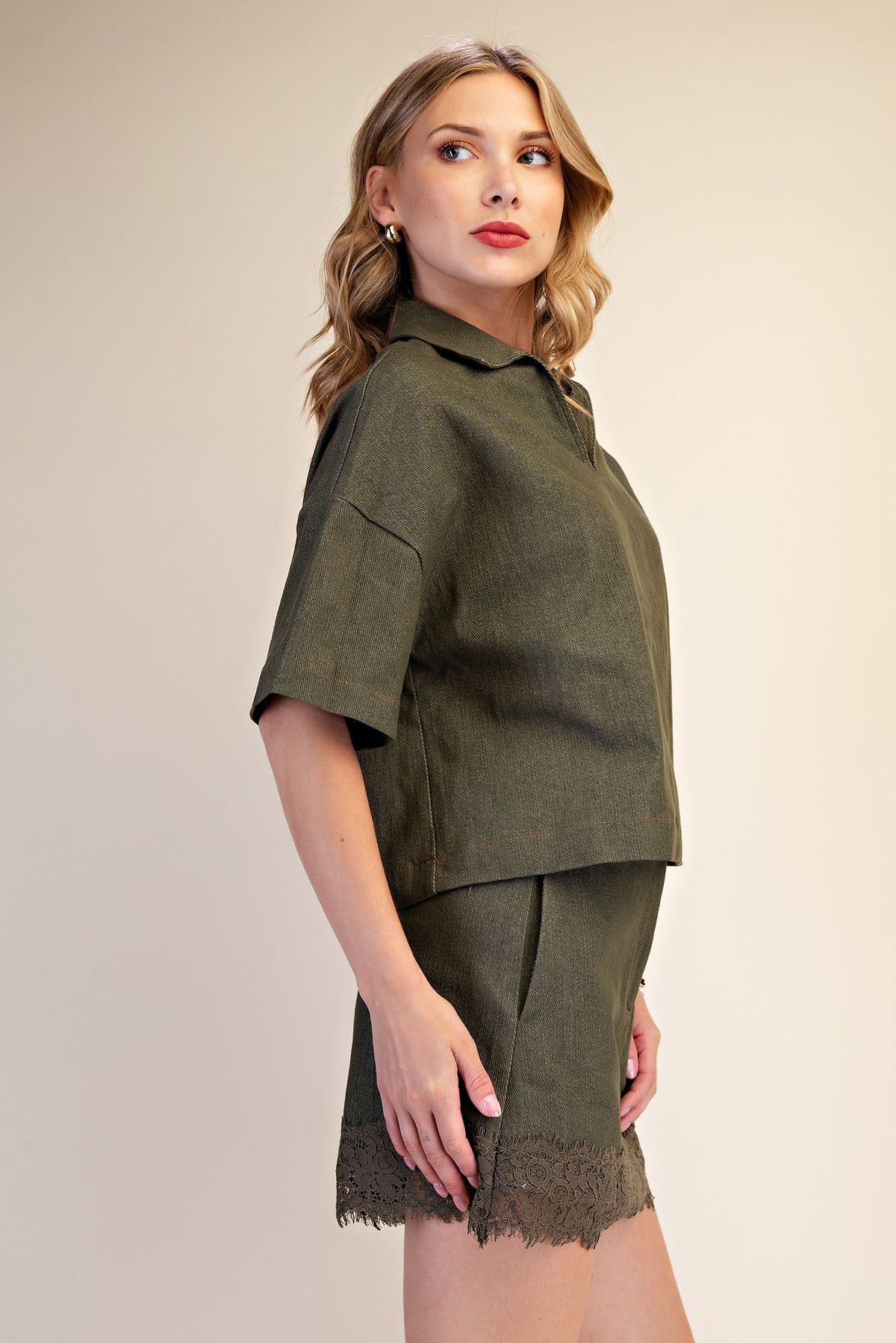 Stella Short Sleeve Top And Lace Trim Skort Set Olive