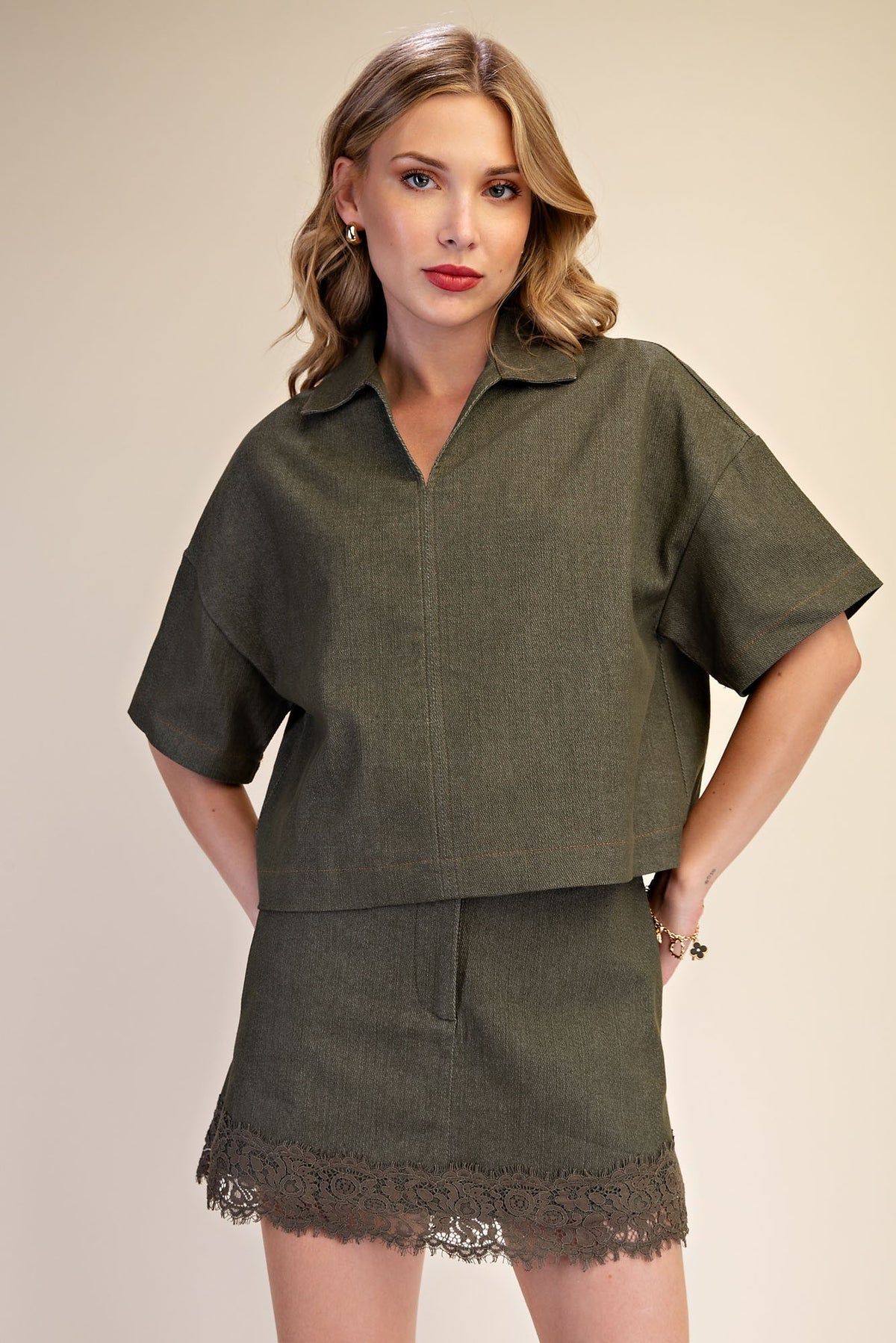 Stella Short Sleeve Top And Lace Trim Skort Set Olive