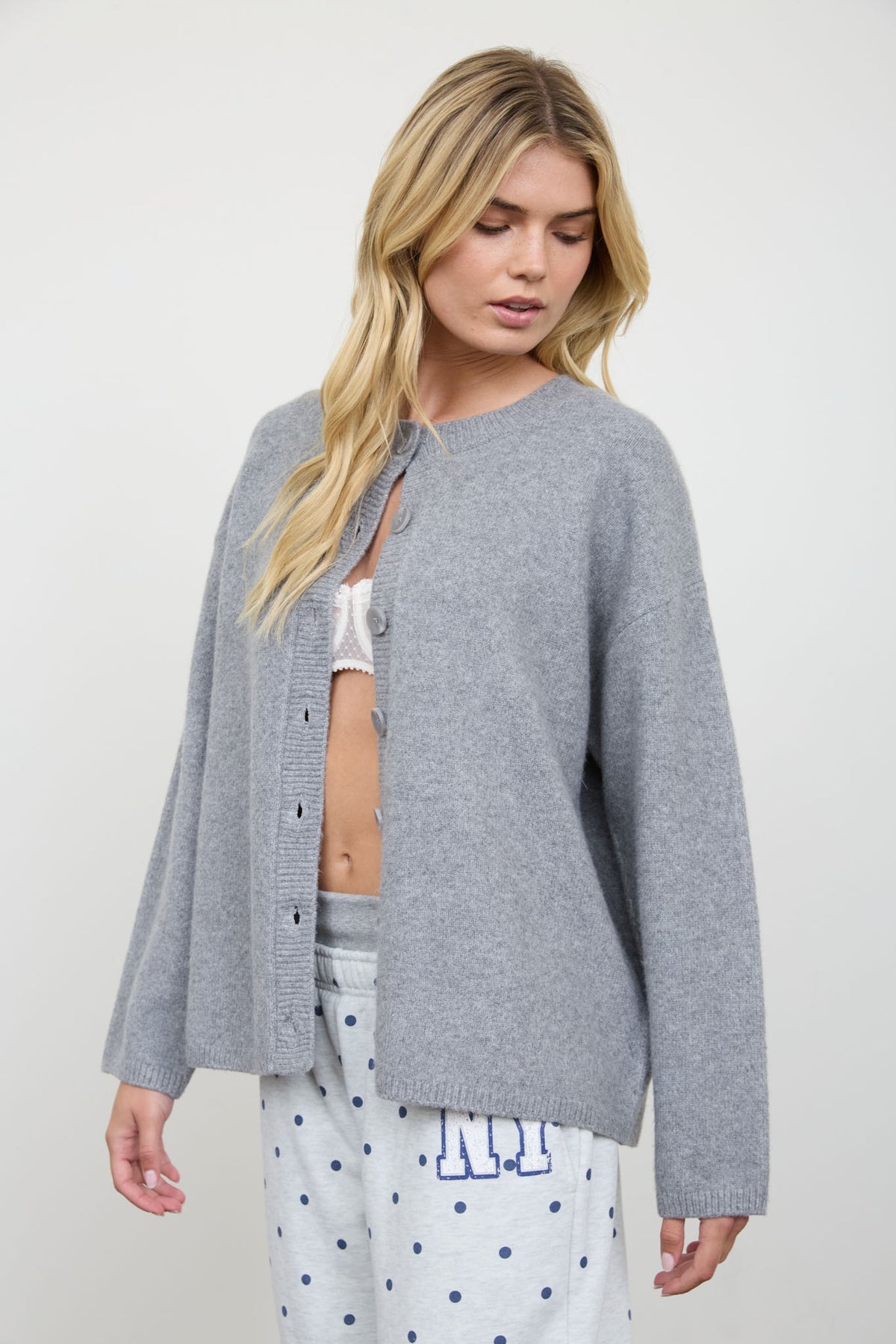  Long Sleeve Button Down Knit Cardigan Grey