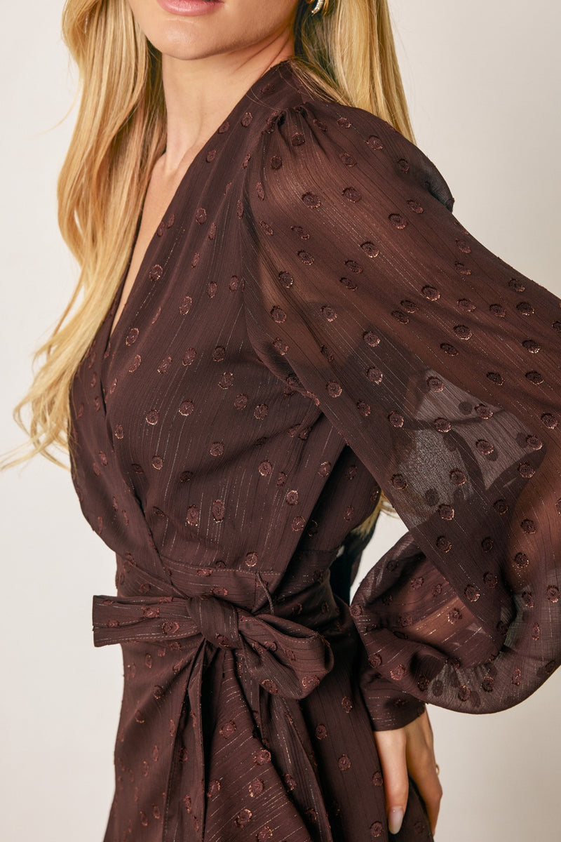 Long Sleeve Waist Tie Metallic Polka Dot Print Wrap Mini Dress Brown
