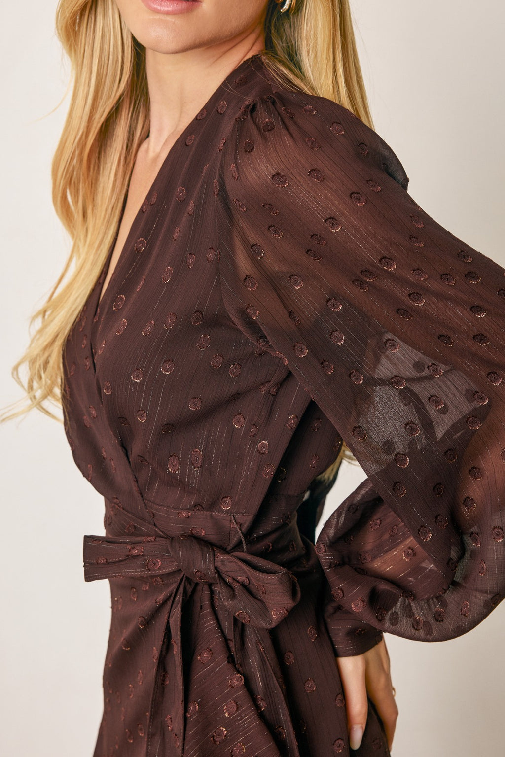 Long Sleeve Waist Tie Metallic Polka Dot Print Wrap Mini Dress Brown