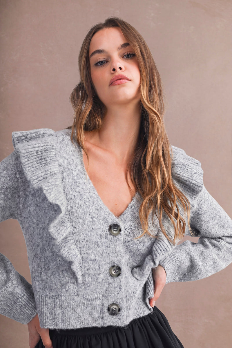 Long Sleeve Ruffle Knit Sweater Grey