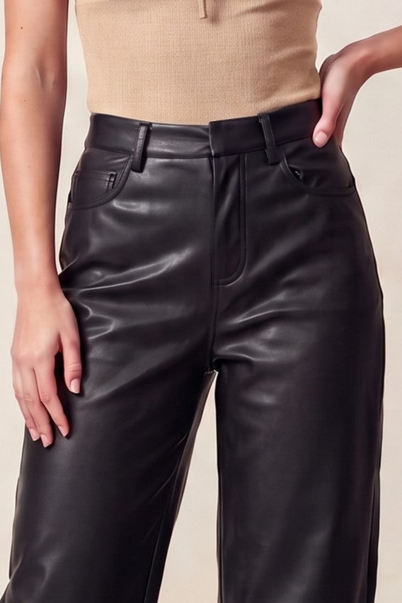 High Waist Vegan Faux Leather Wide Leg Barrel Pants Black