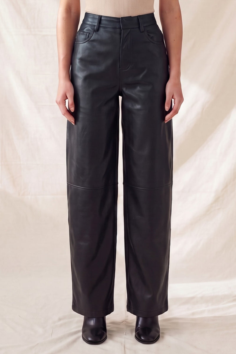 High Waist Vegan Faux Leather Wide Leg Barrel Pants Black