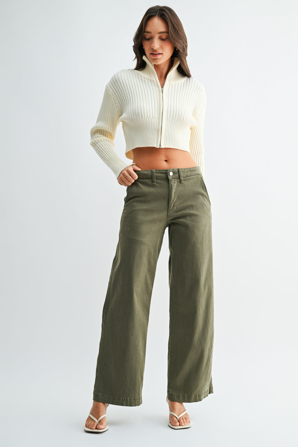 High Rise Twill Denim Jeans Olive