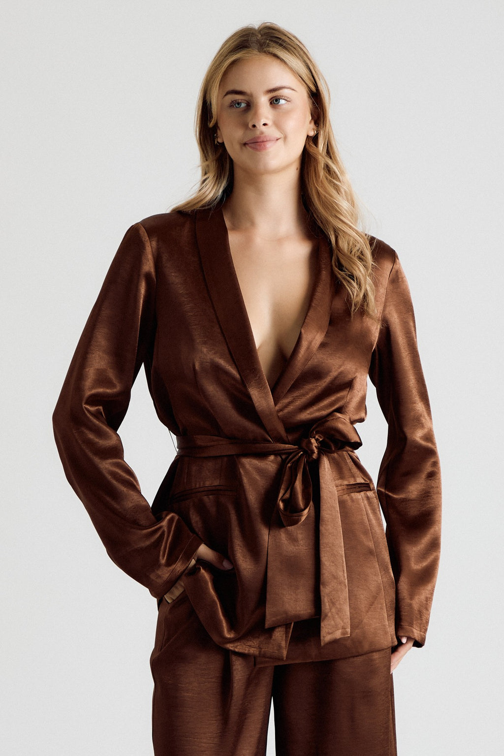  Long Sleeve Belted Jacket And Wide Leg Satin Pants Set Brown