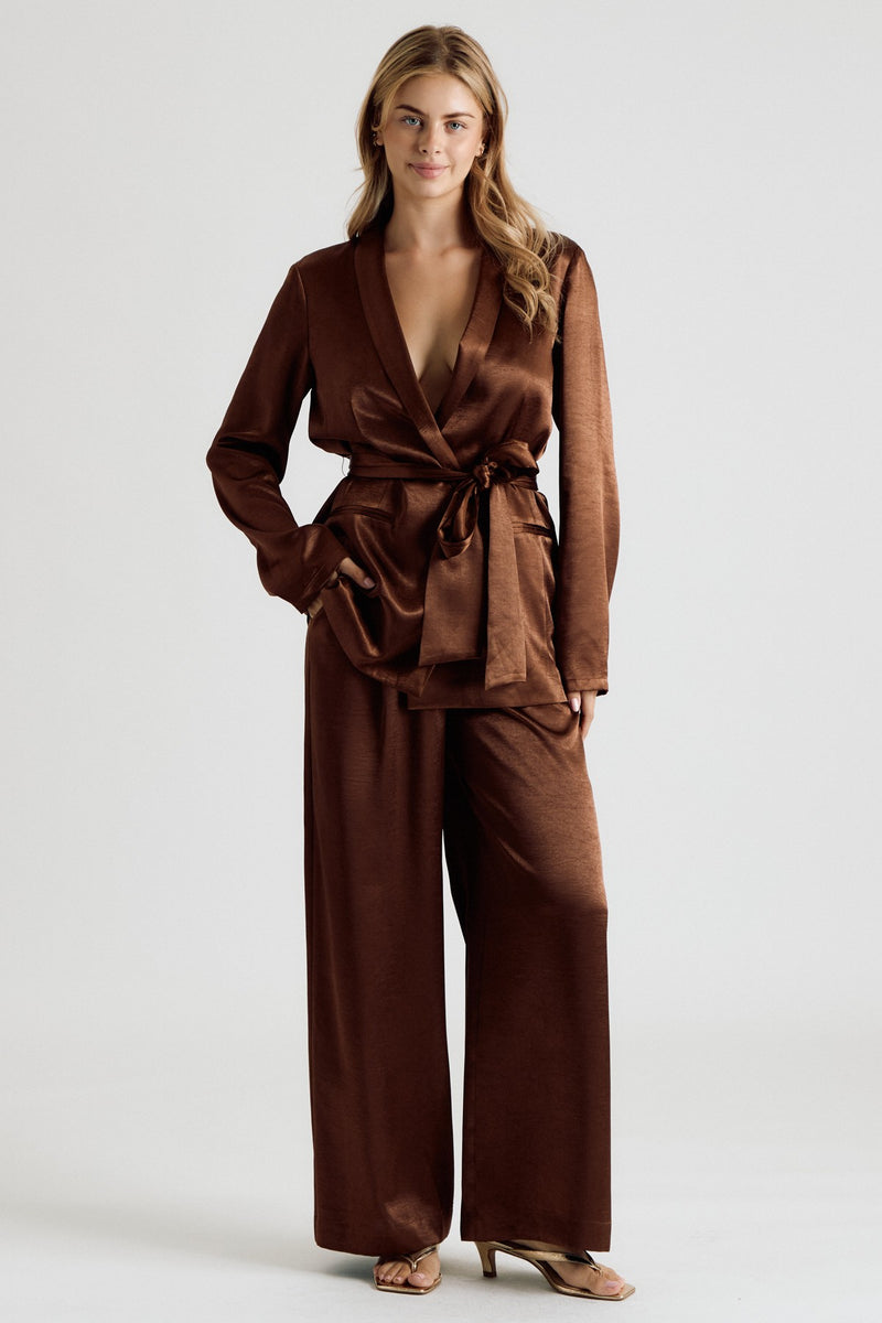 Long Sleeve Belted Jacket And Wide Leg Satin Pants Set Brown