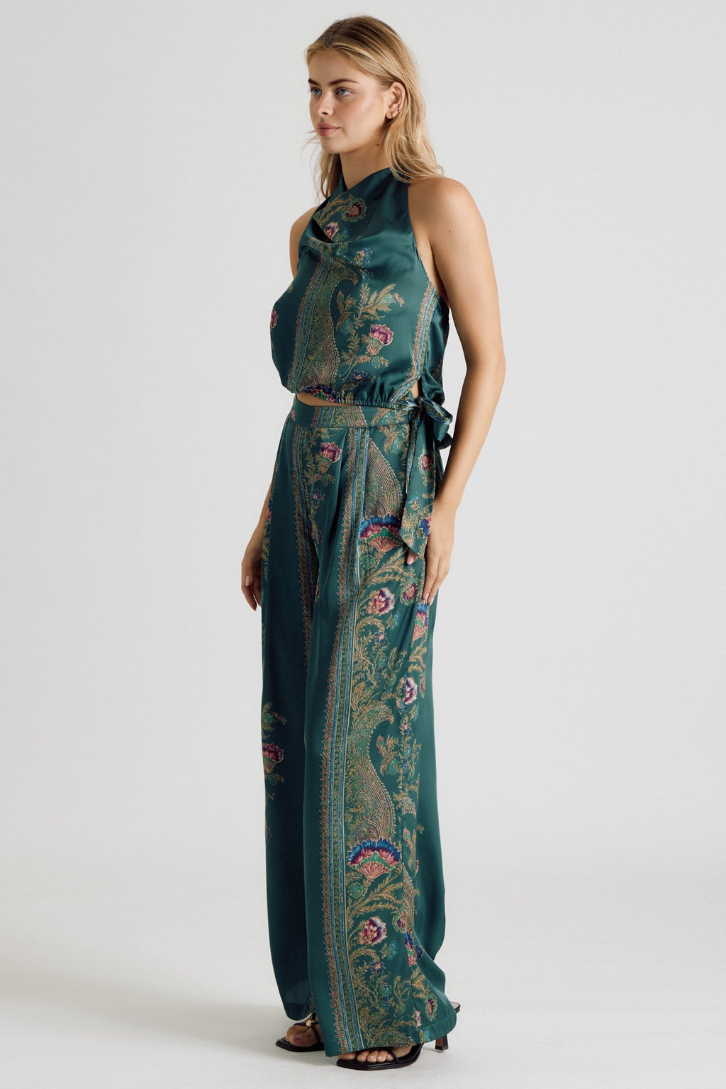 Sleeveless Halter Top And Wide Leg Abstract Print Satin Pants Set Teal