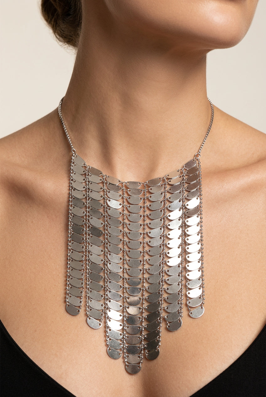 Adjustable Bolo Mesh Fringe Bib Necklace Silver