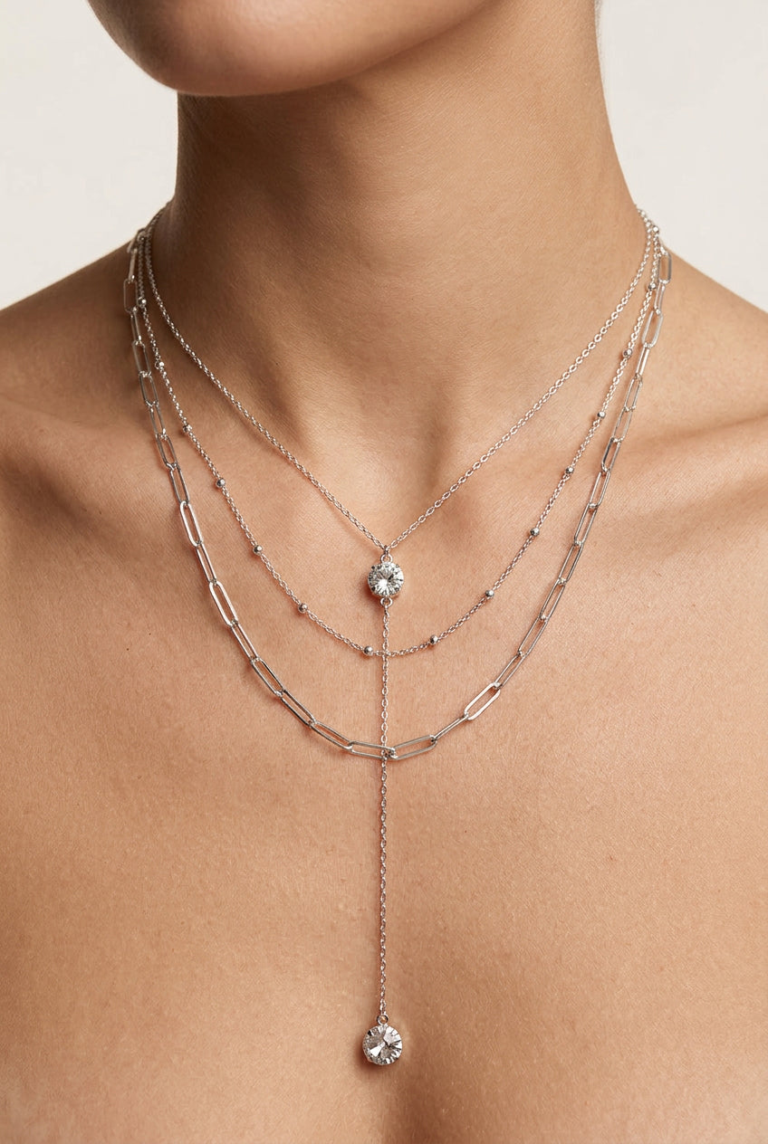 Layered Triple Layer Pendant Y Necklace Silver