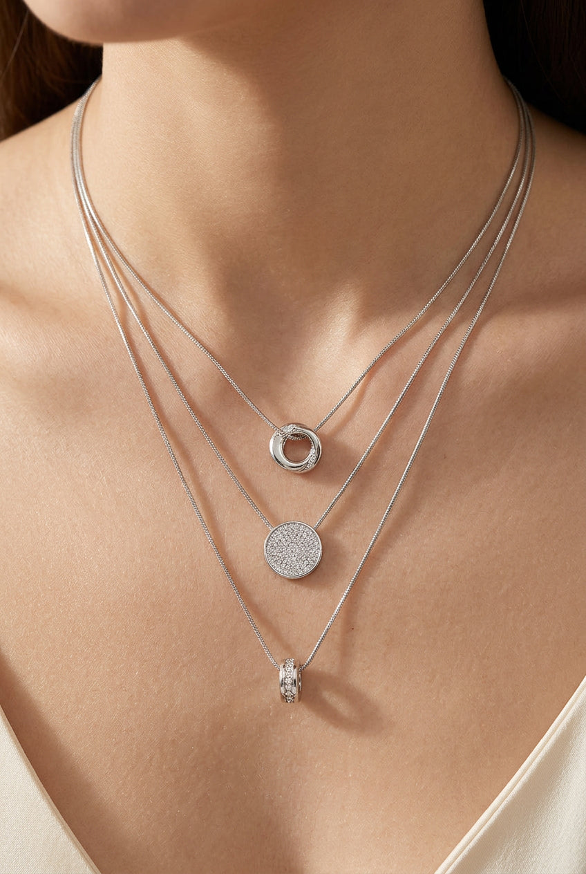 Triple Layered Pendant Necklace Silver