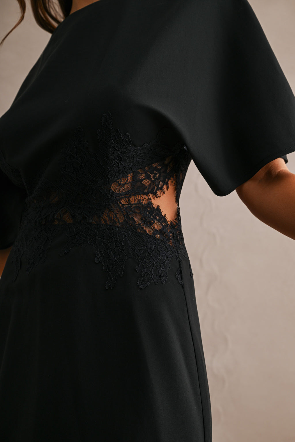 Short Cap Lace Applique Asymmetrical Hem Midi Dress Black