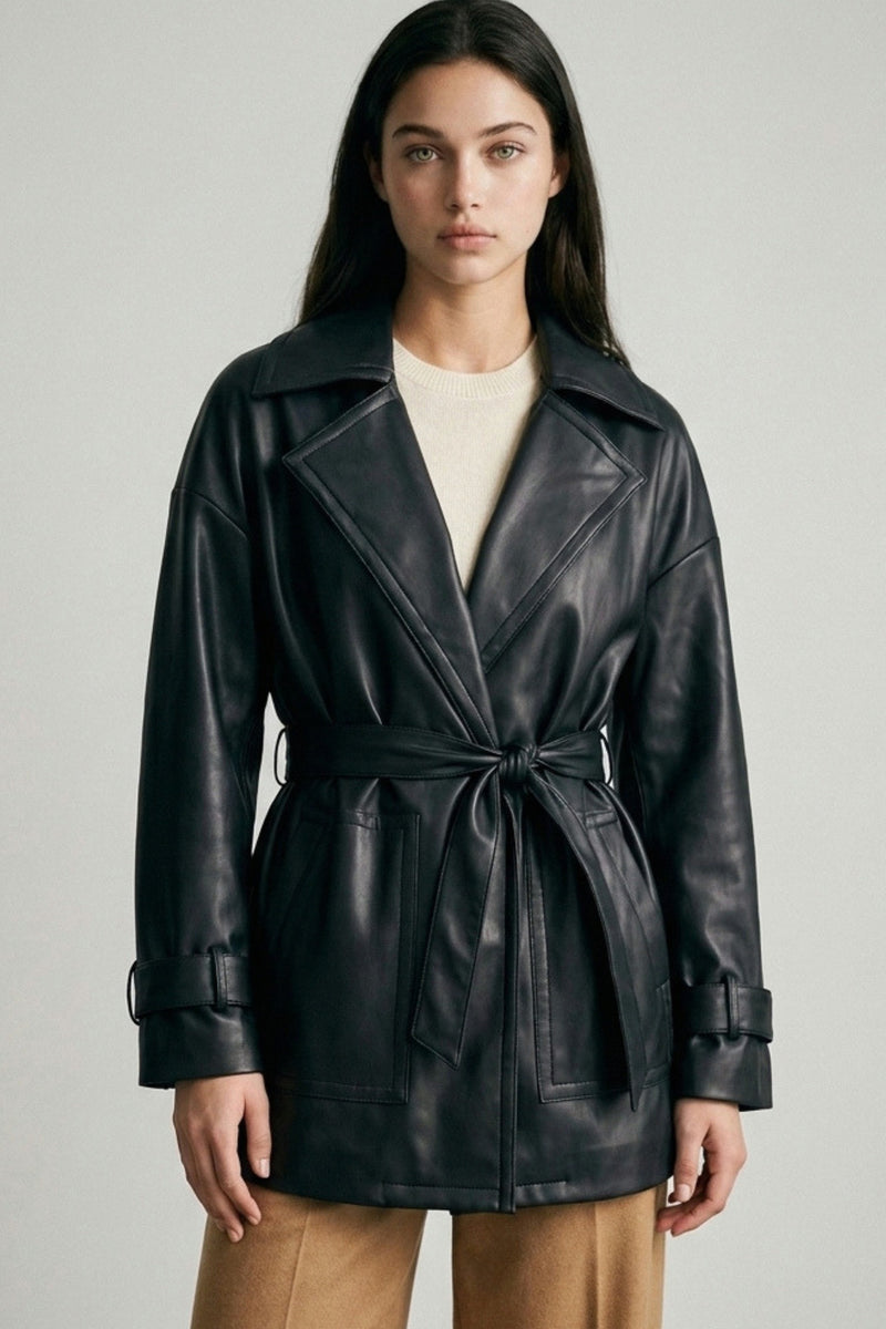 Long Sleeve Faux Leather Waist Tie Jacket Black