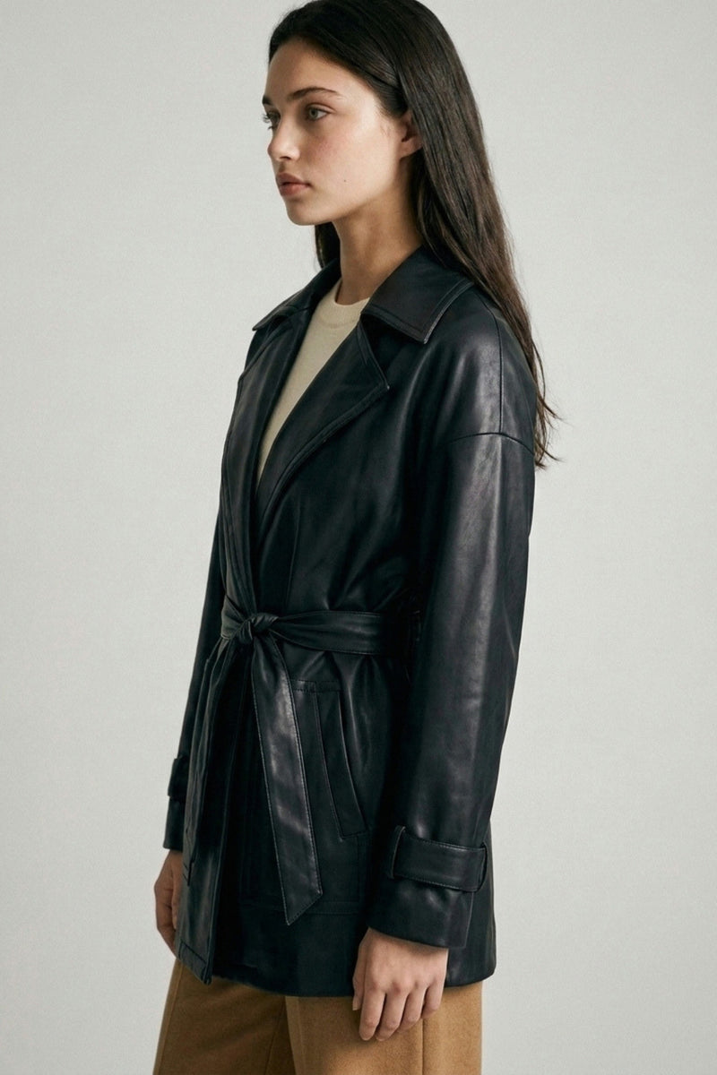 Long Sleeve Faux Leather Waist Tie Jacket Black