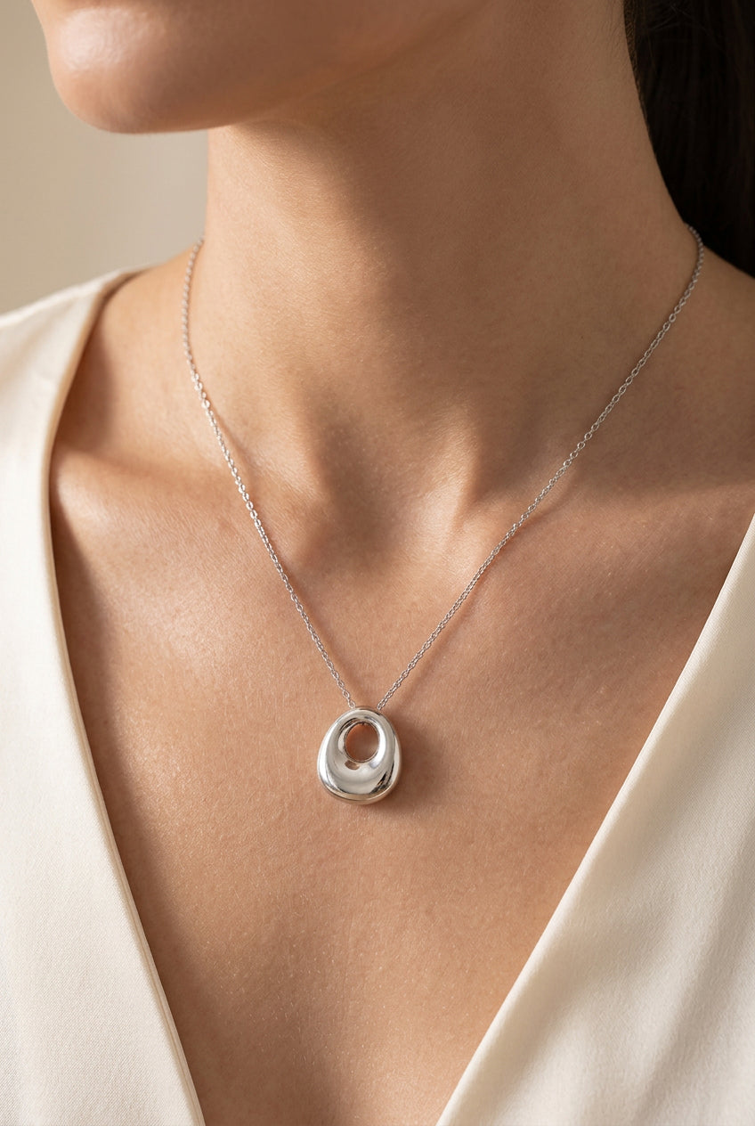 Cable Chain Chunky Open Circle Pendant Necklace Silver