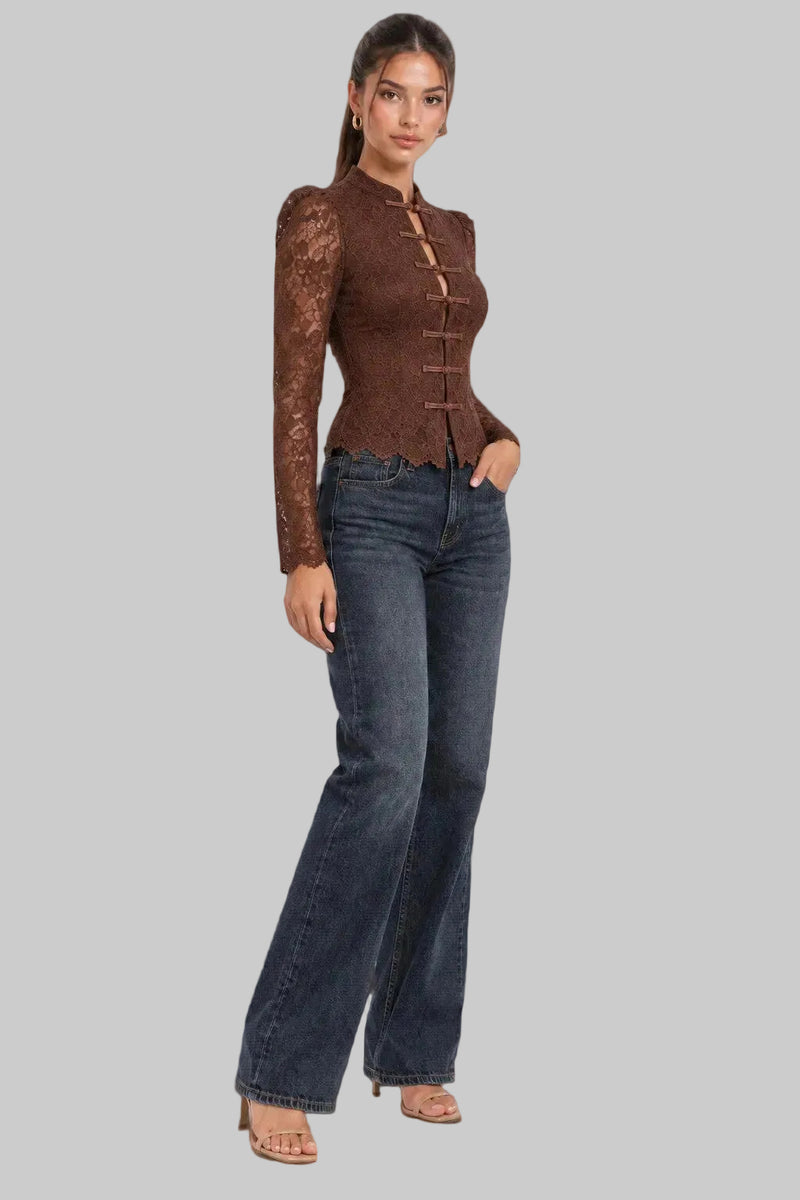  Long Sleeve Button Down Elegant Lace Top Brown