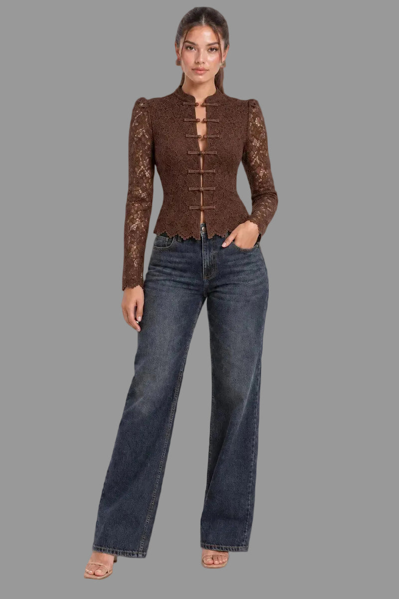  Long Sleeve Button Down Elegant Lace Top Brown