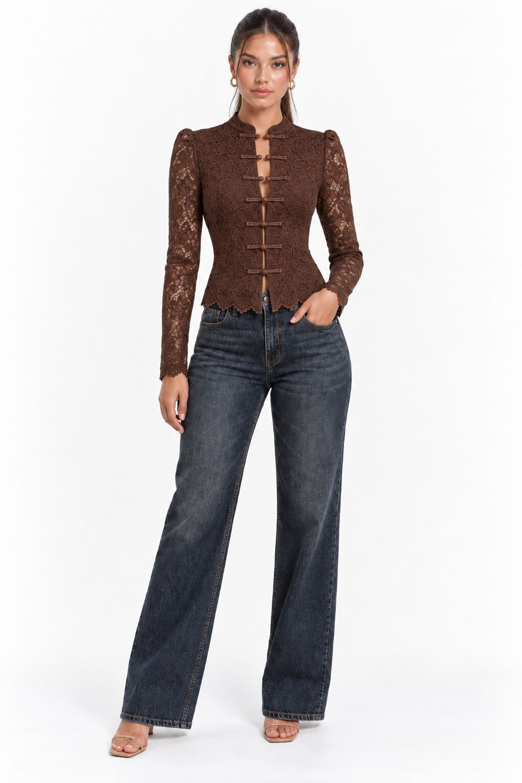  Long Sleeve Button Down Elegant Lace Top Brown