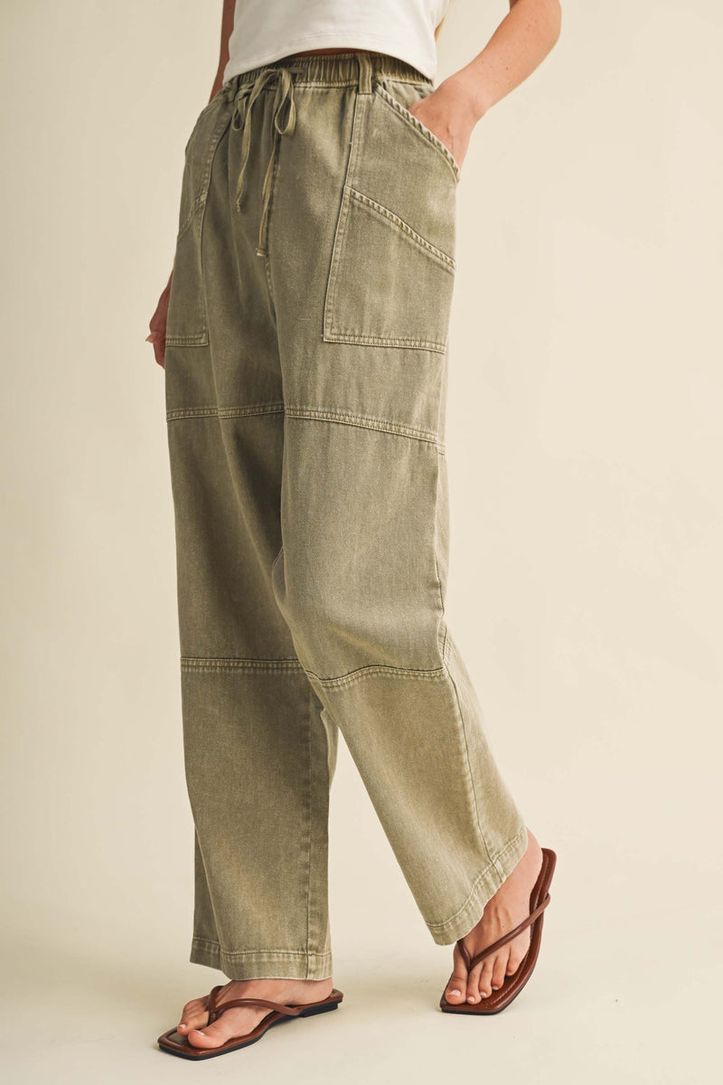 Drawstring Wide Leg Denim Pants Olive