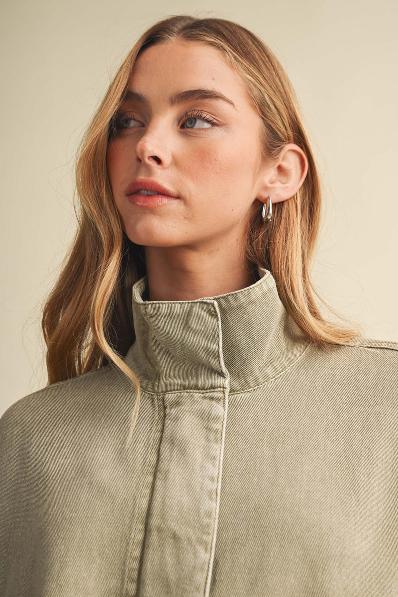 Waitlist 12/5 • Jules Long Sleeve Zip Up Drawstring Hem Washed Denim Jacket Olive