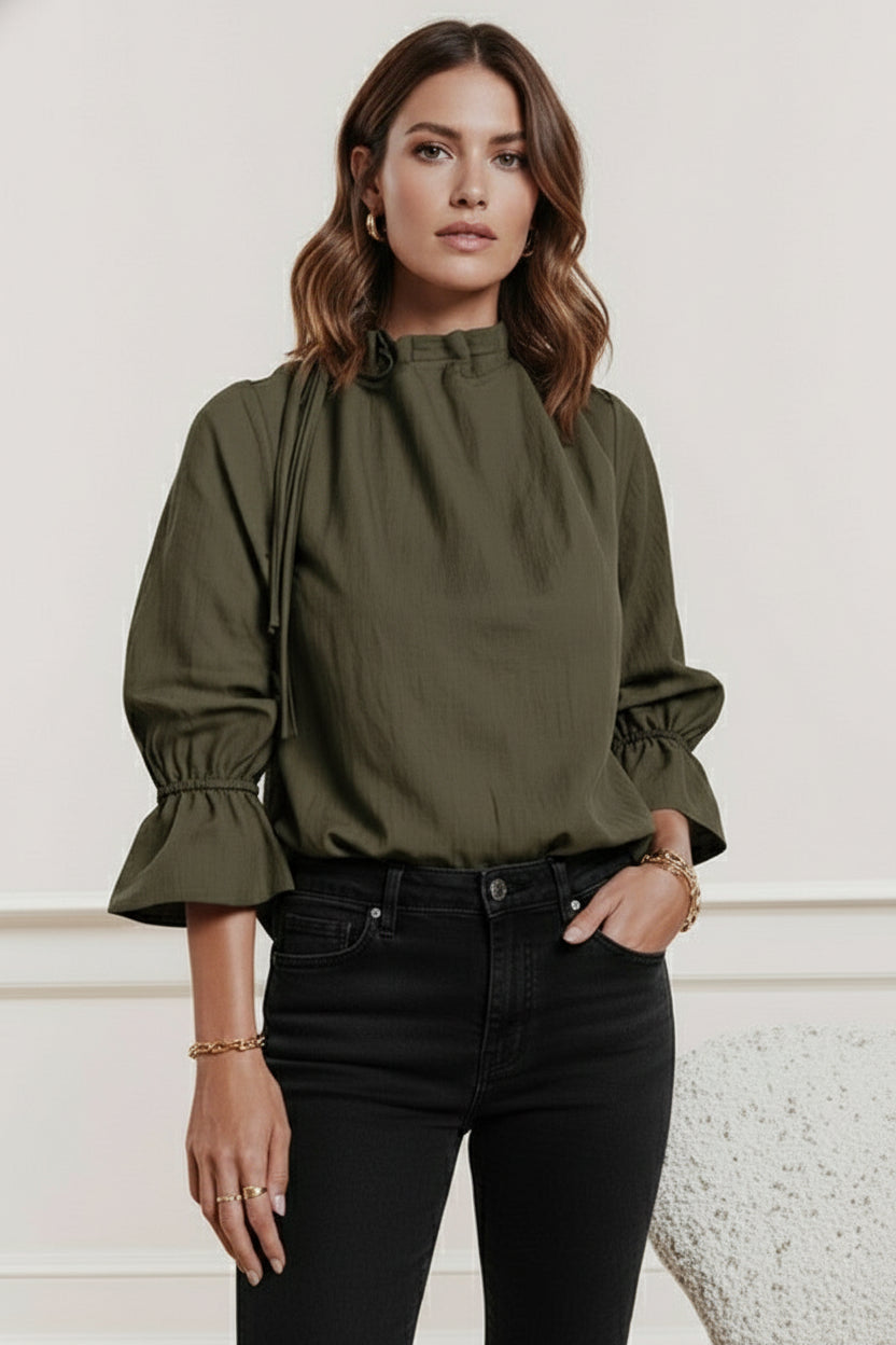 3/4 Sleeve Cinched Mock Neck Top Olive
