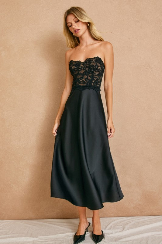 Sleeveless Lace Bodice Satin Midi Dress Black