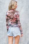 Long Sleeve Floral Print Mesh Top Black