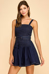  Sleeveless Belted Pleated Denim Mini Dress Dark Wash