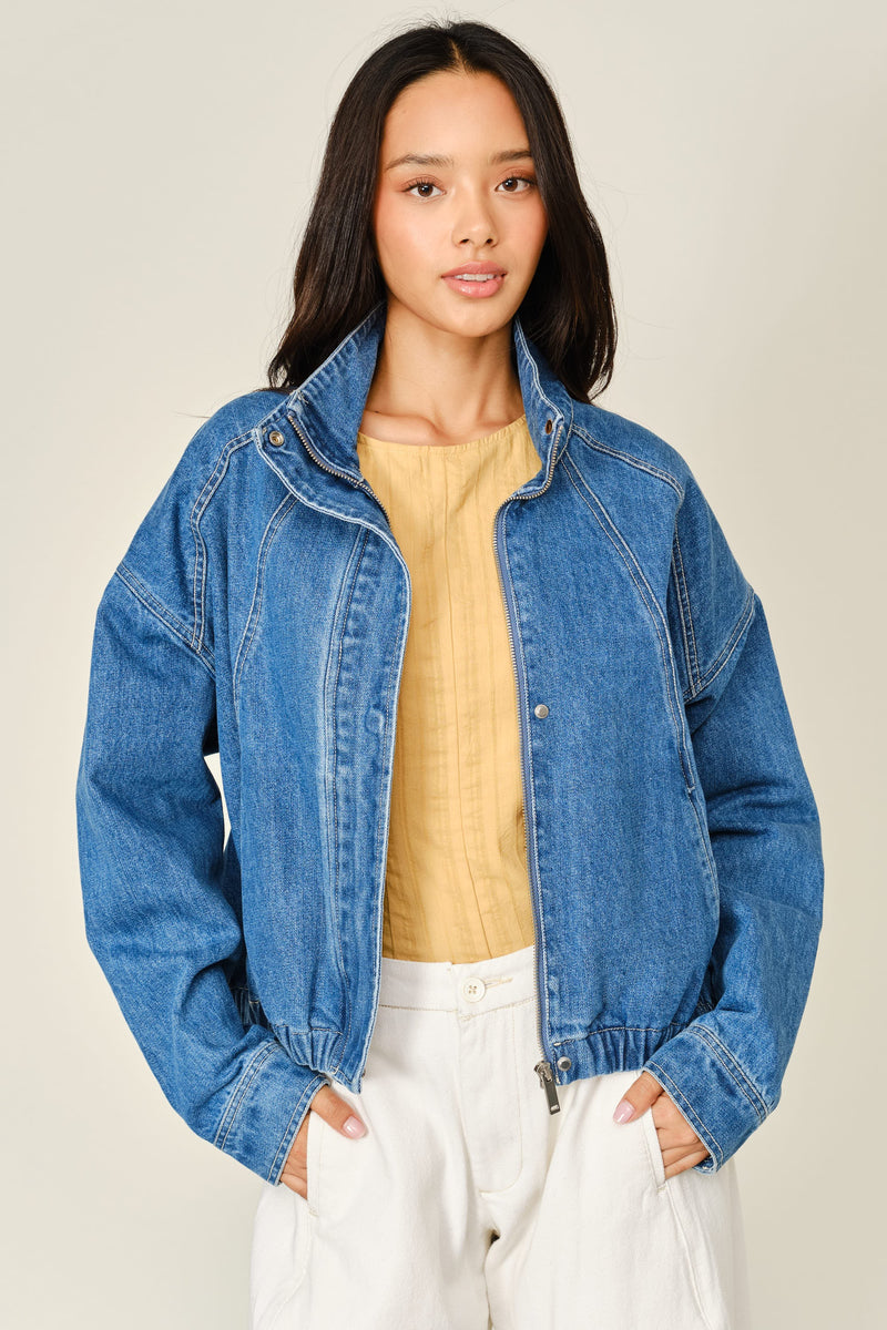 Long Sleeve Zip Up Bomber Denim Jacket Medium Wash