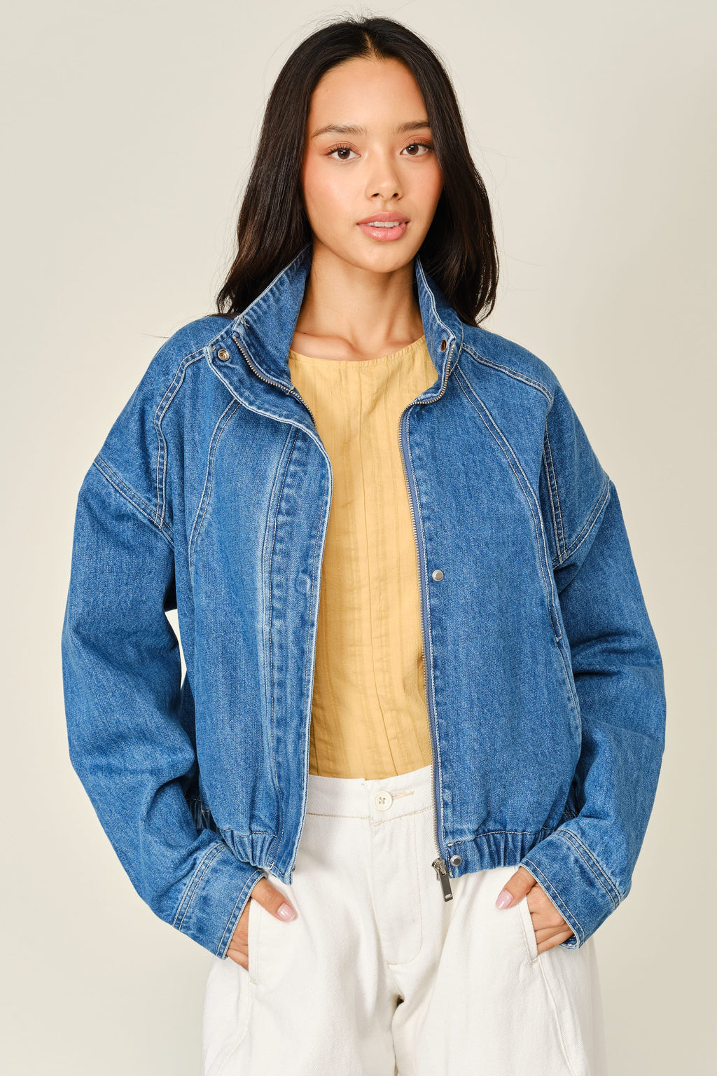 Long Sleeve Zip Up Bomber Denim Jacket Medium Wash