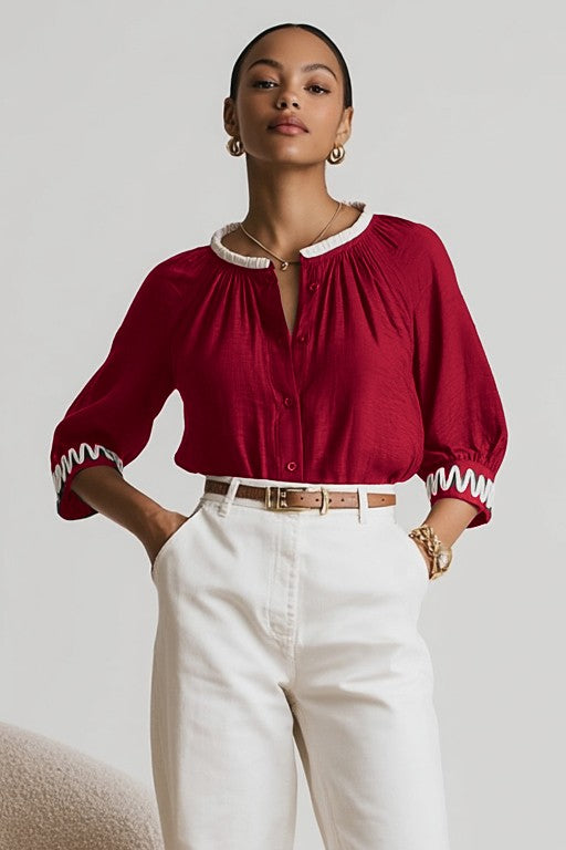 Short 3/4 Sleeve Button Down Contrast Trim Satin Top Red